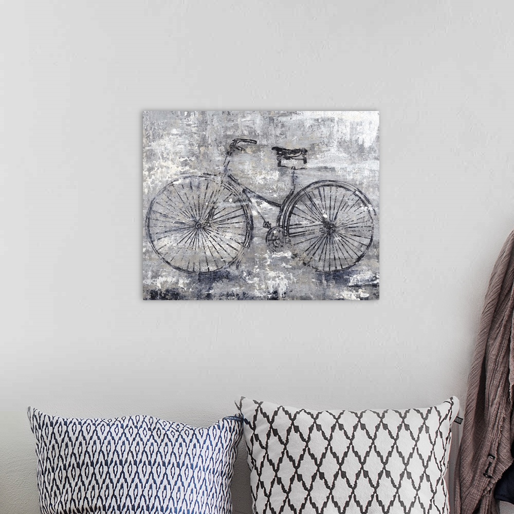 A bohemian room featuring A contemporary painting of a bicycle against a dark gray background with an overall distressed look.