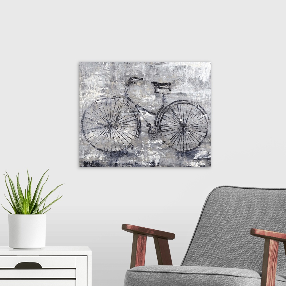 A modern room featuring A contemporary painting of a bicycle against a dark gray background with an overall distressed look.