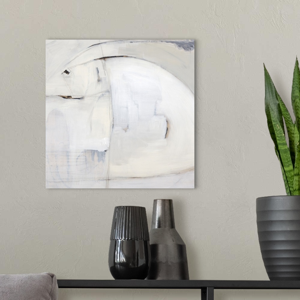 A modern room featuring Contemporary abstract painting in pale shades of grey.
