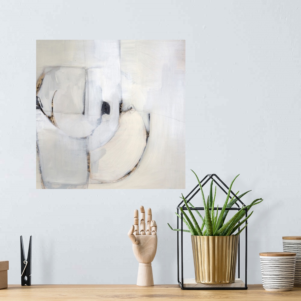A bohemian room featuring Contemporary abstract painting in pale shades of grey.
