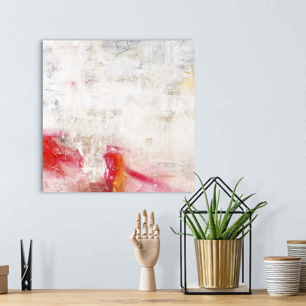 A bohemian room featuring Contemporary abstract painting using cream and pale pink.