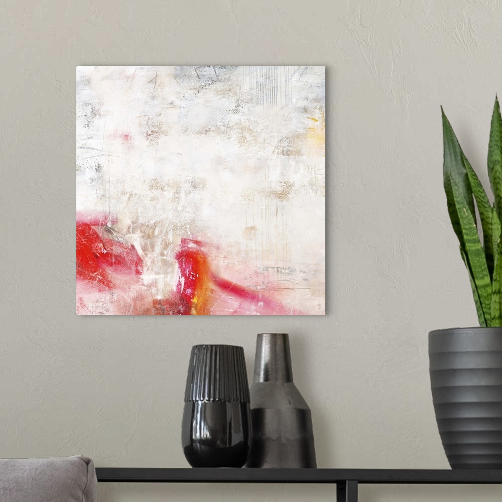 A modern room featuring Contemporary abstract painting using cream and pale pink.