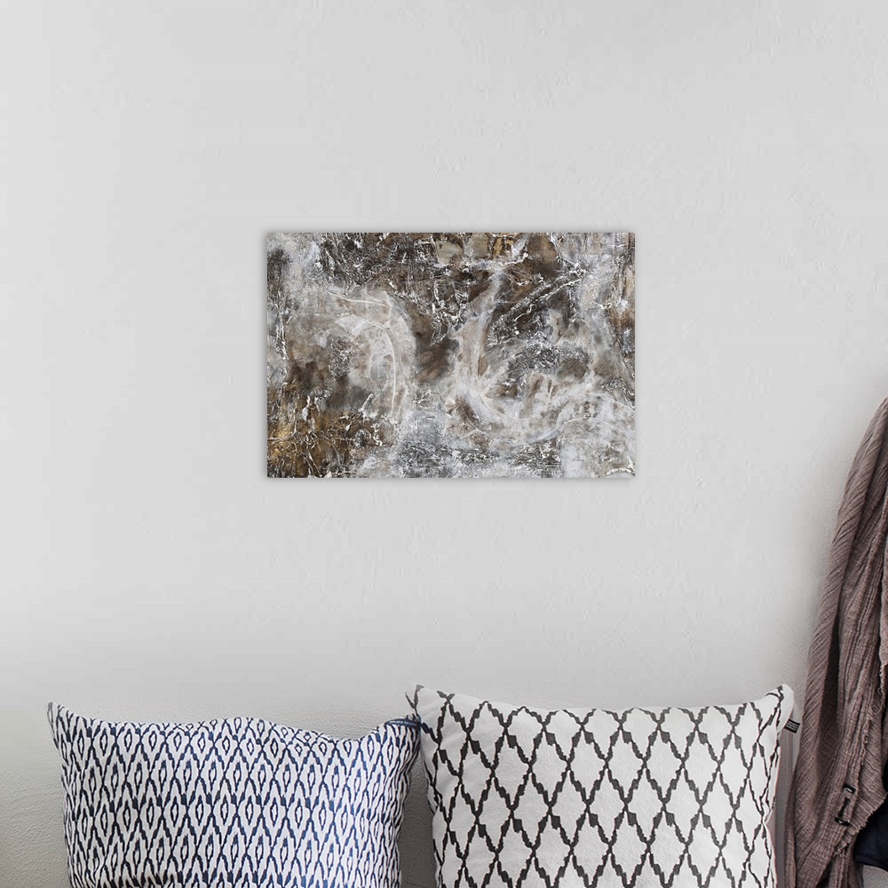 A bohemian room featuring Contemporary abstract painting using dark gray and muted light gray tones.