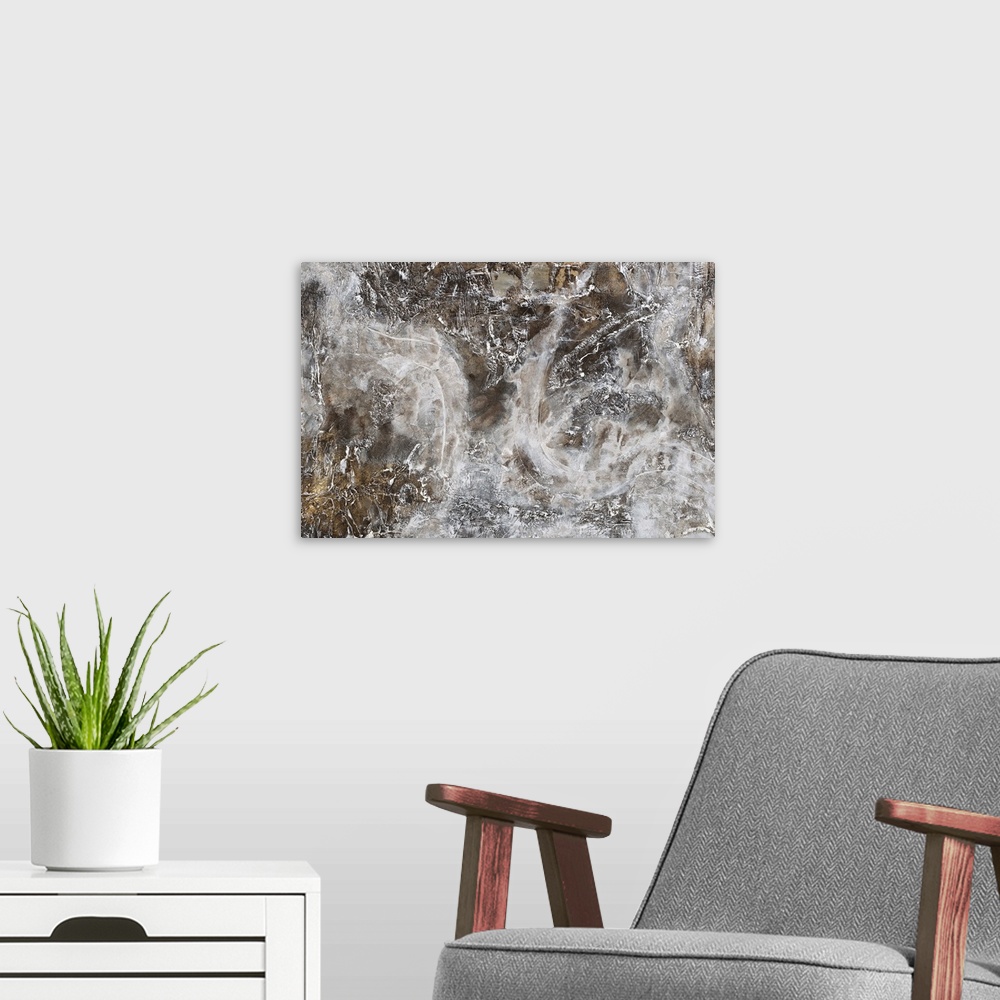 A modern room featuring Contemporary abstract painting using dark gray and muted light gray tones.