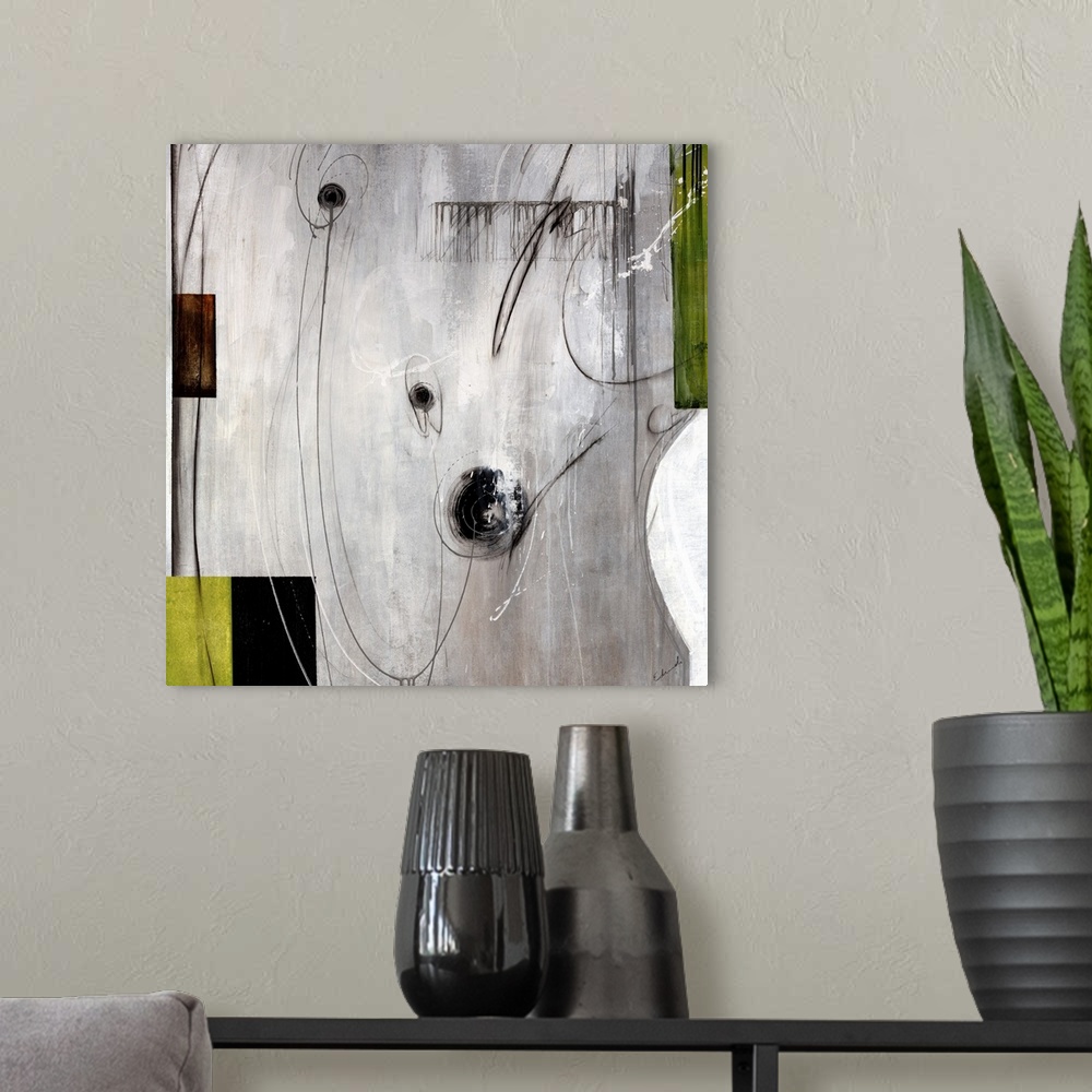A modern room featuring This piece of abstract artwork has different blocks of color on the sides of the print with swirl...