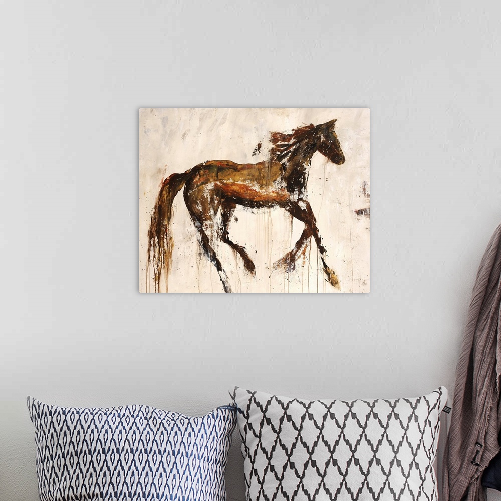 A bohemian room featuring Contemporary painting of a brown rustic looking horse in a galloping motion.