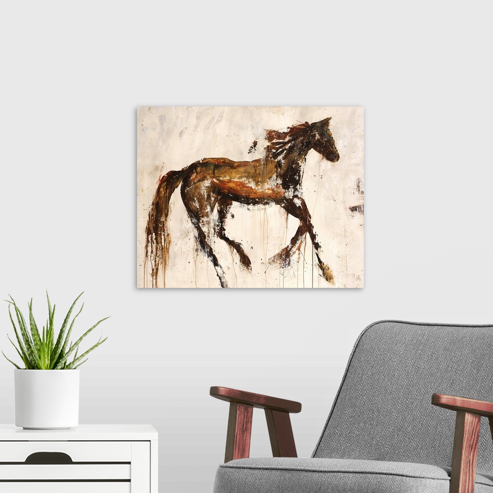 A modern room featuring Contemporary painting of a brown rustic looking horse in a galloping motion.