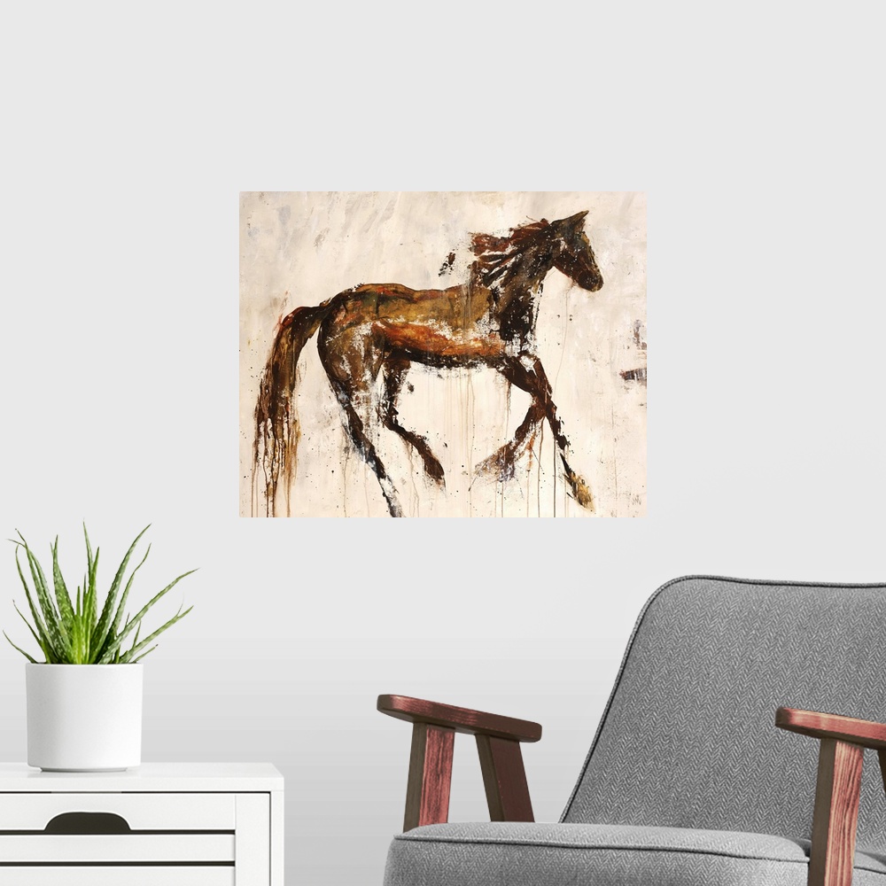A modern room featuring Contemporary painting of a brown rustic looking horse in a galloping motion.
