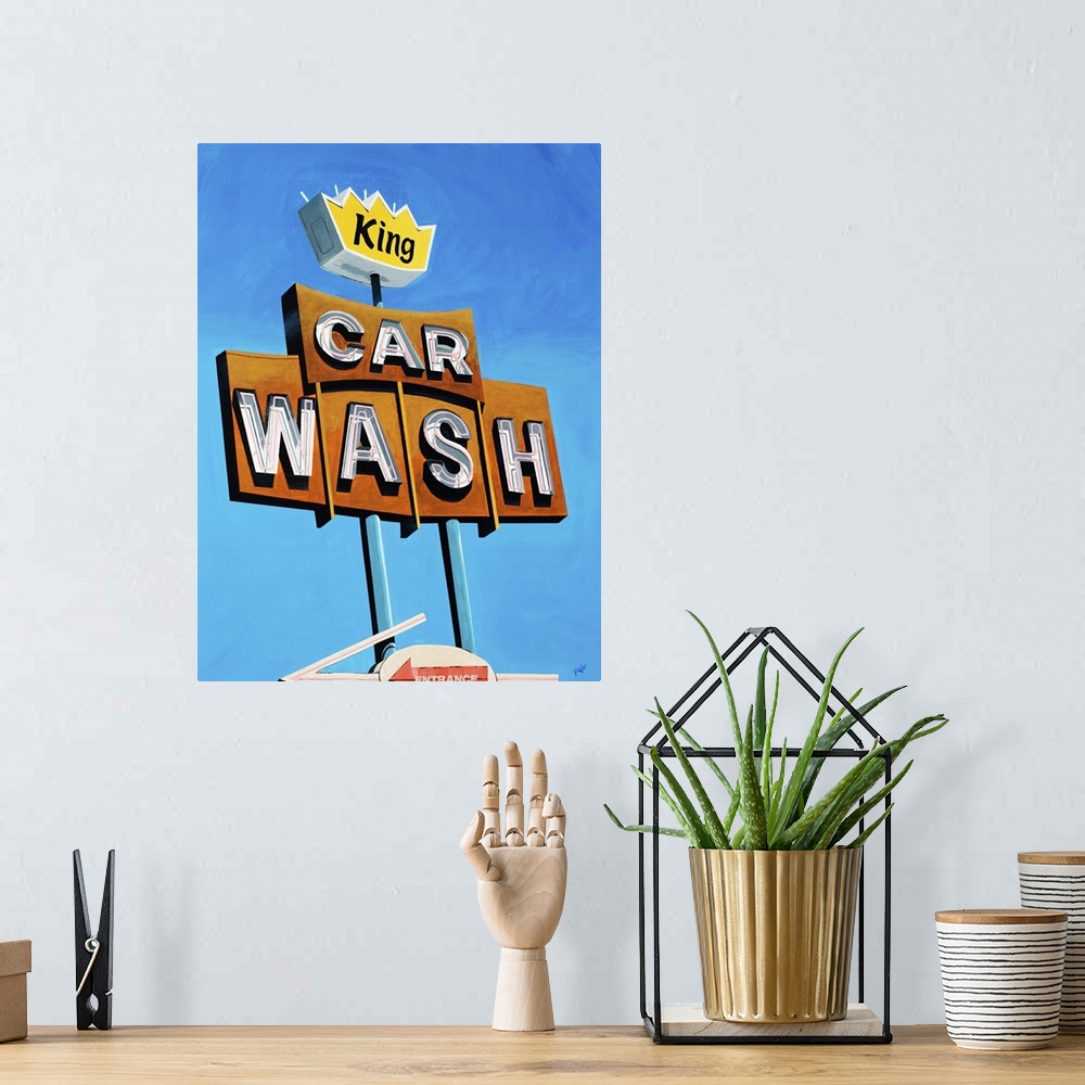 A bohemian room featuring Painting of a vintage car wash sign with unlit fluorescent lights, against a bright blue cloudles...