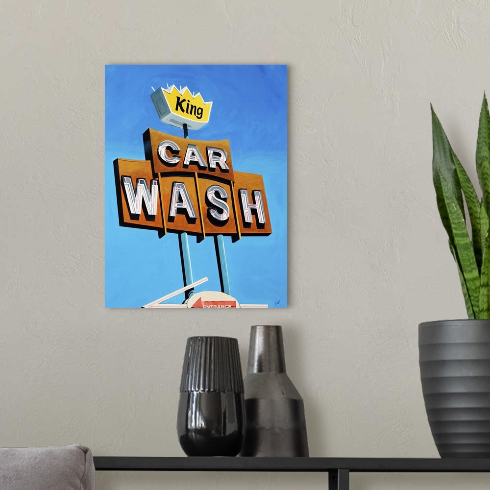A modern room featuring Painting of a vintage car wash sign with unlit fluorescent lights, against a bright blue cloudles...