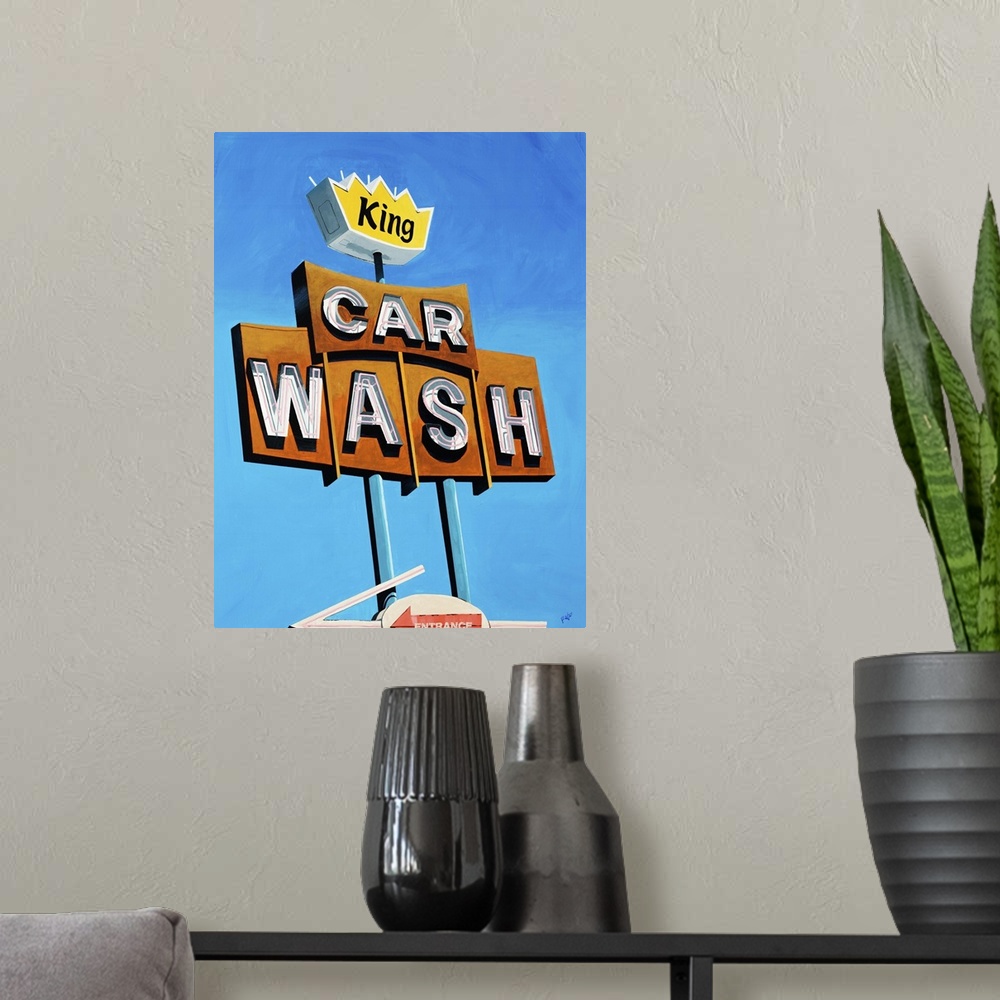 A modern room featuring Painting of a vintage car wash sign with unlit fluorescent lights, against a bright blue cloudles...