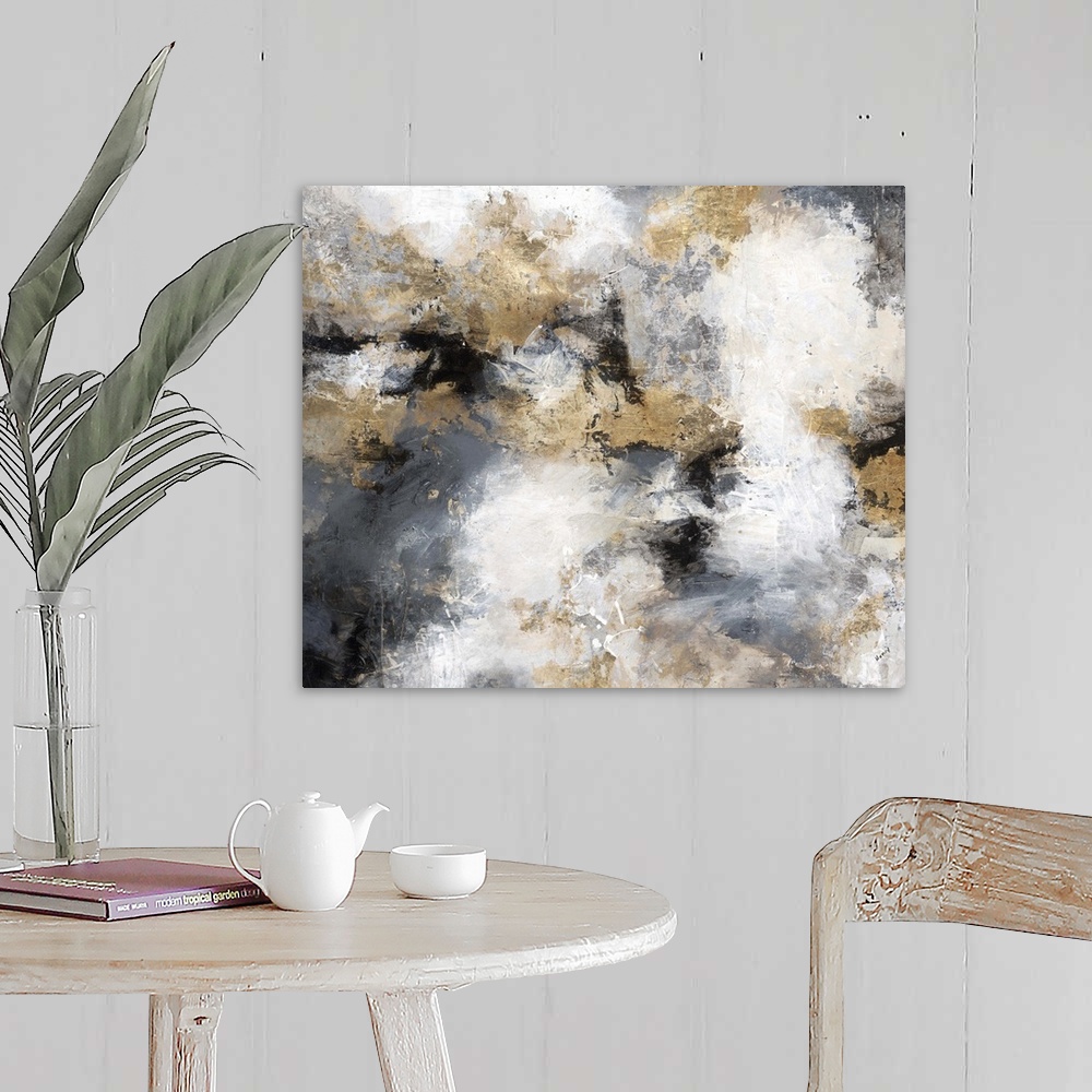 A farmhouse room featuring Contemporary abstract artwork in shades of gold, grey, and white, resembling a stormy sky.