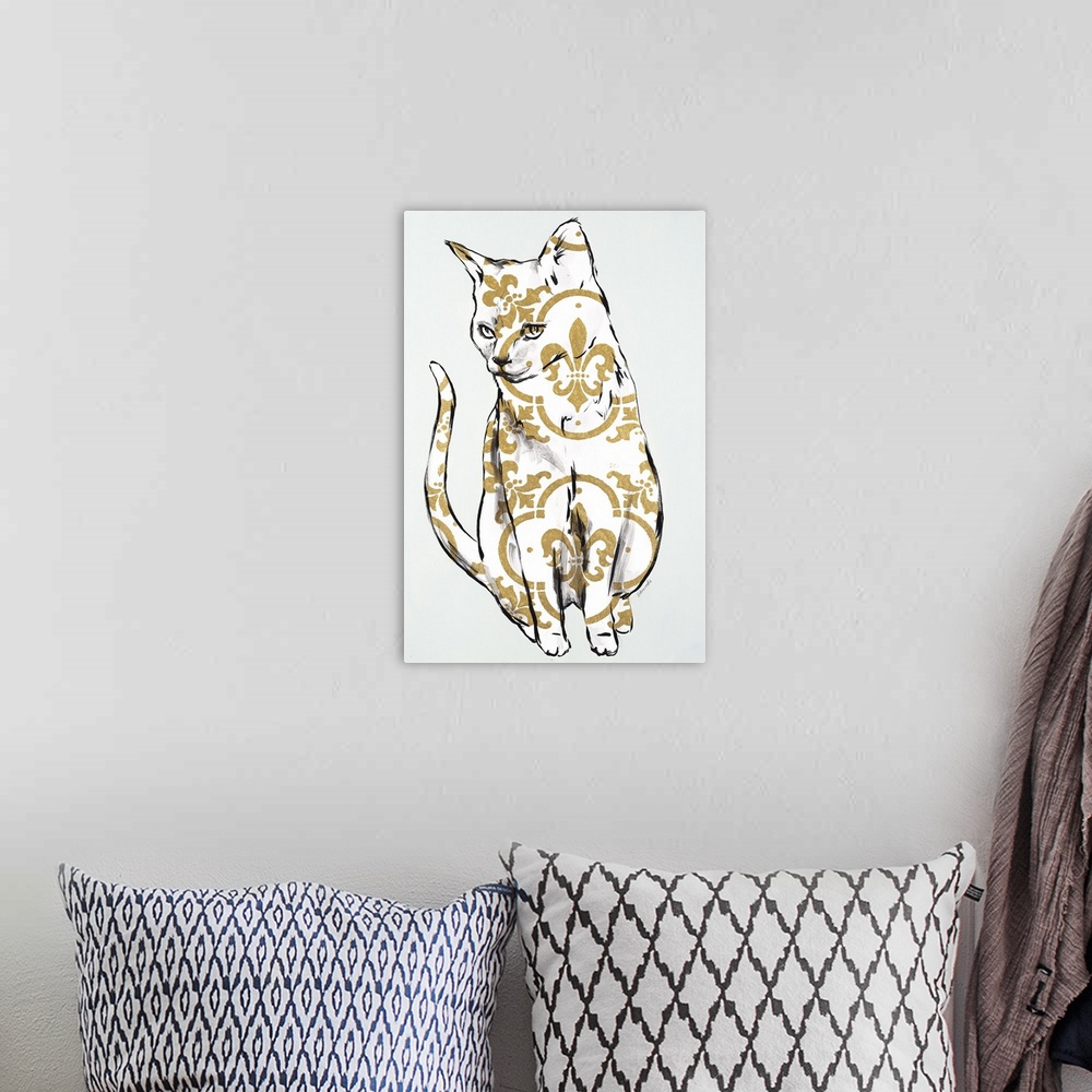 A bohemian room featuring Painting of a white cat with shiny gold designs using the fleur de lis.