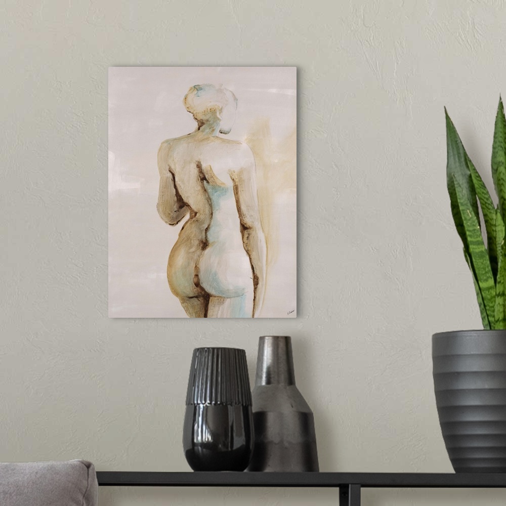 A modern room featuring Contemporary figurative painting of a nude female standing with back facing viewer.