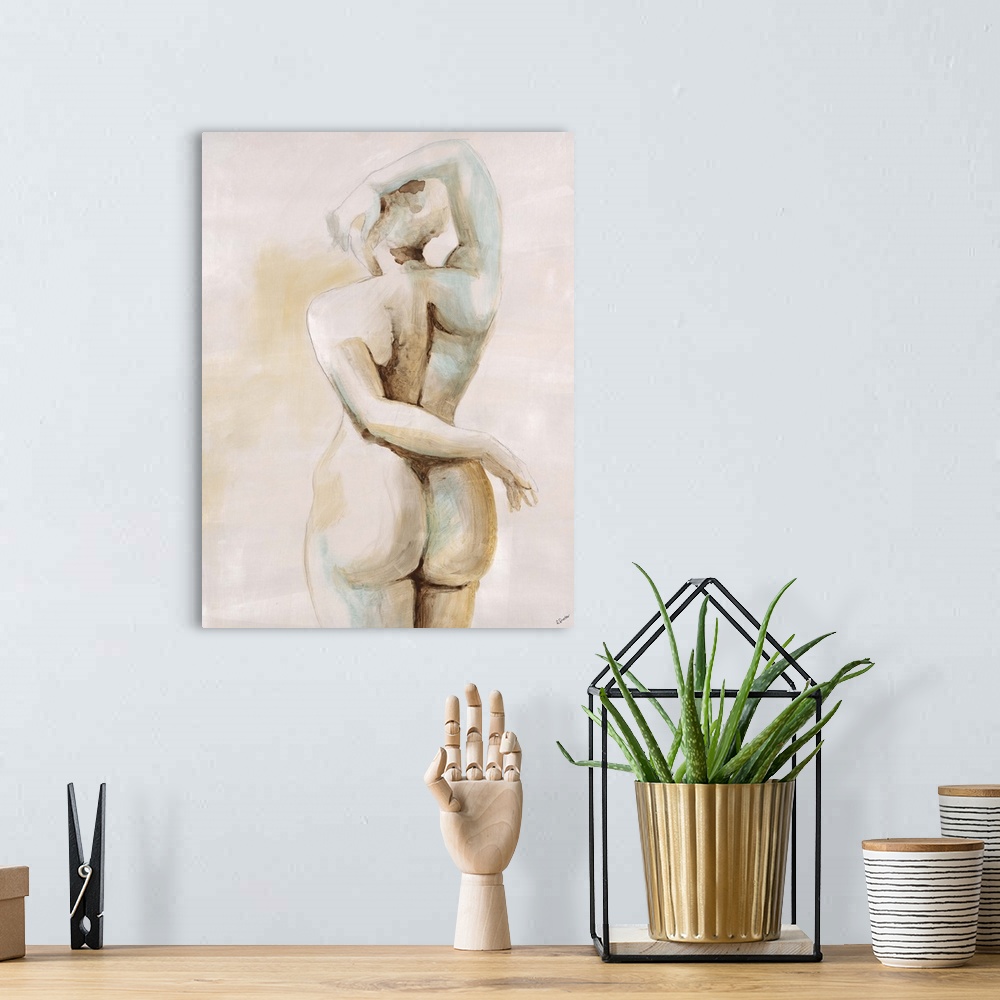 A bohemian room featuring Contemporary figurative painting of a nude female standing with back facing viewer. Her left arm ...