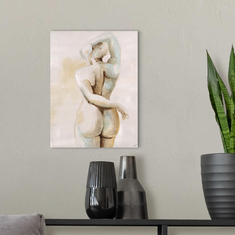 A modern room featuring Contemporary figurative painting of a nude female standing with back facing viewer. Her left arm ...