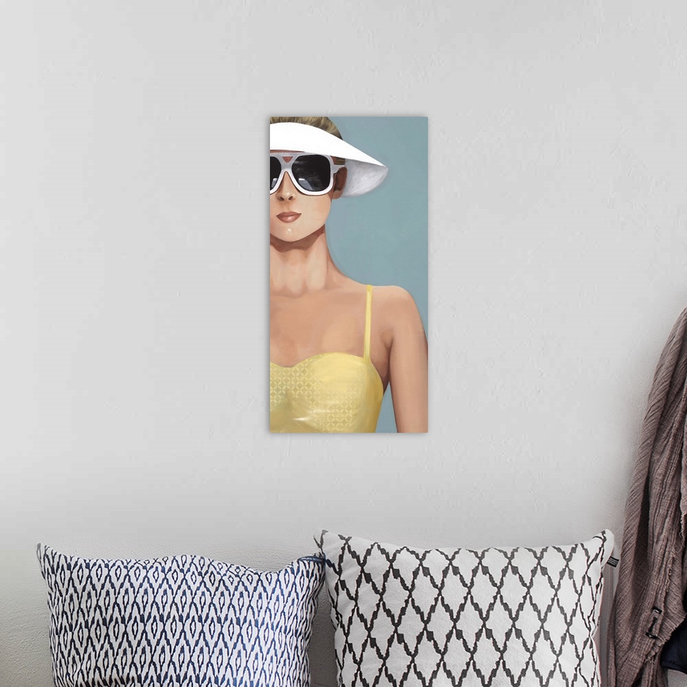 A bohemian room featuring Contemporary artwork of a woman in a yellow bathing suit and large sunglasses.