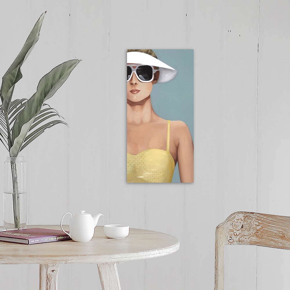 A farmhouse room featuring Contemporary artwork of a woman in a yellow bathing suit and large sunglasses.