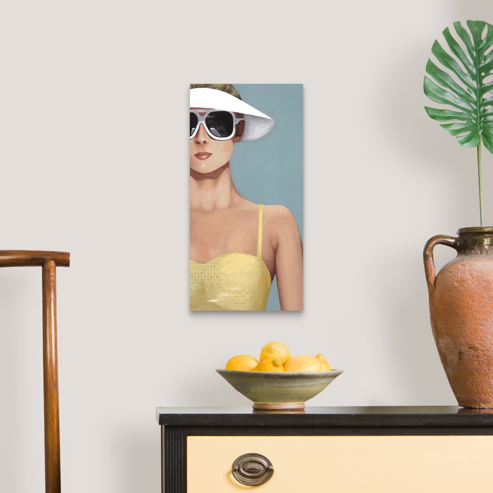 A traditional room featuring Contemporary artwork of a woman in a yellow bathing suit and large sunglasses.