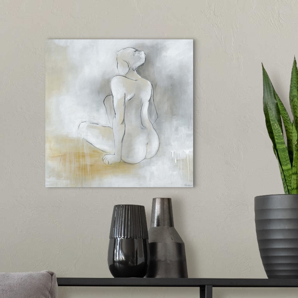 A modern room featuring Contemporary painting of a seated nude female figure against a pale neutral background.