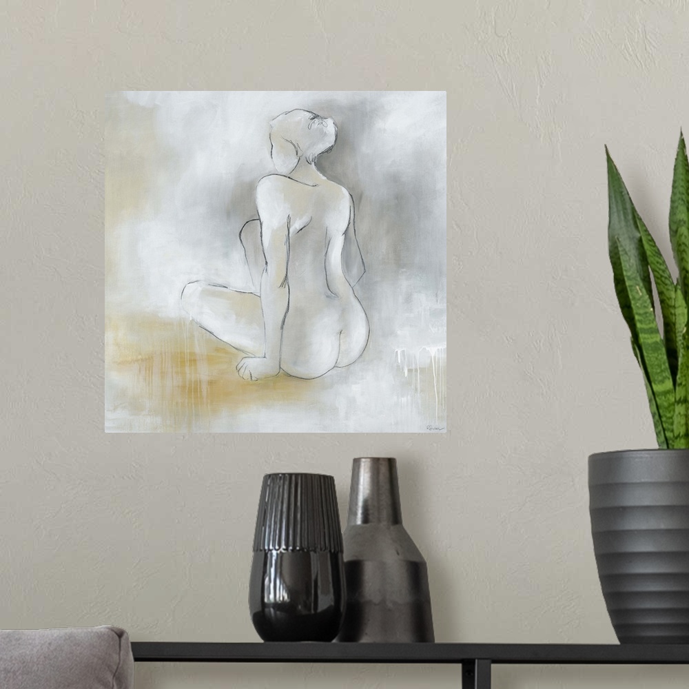 A modern room featuring Contemporary painting of a seated nude female figure against a pale neutral background.
