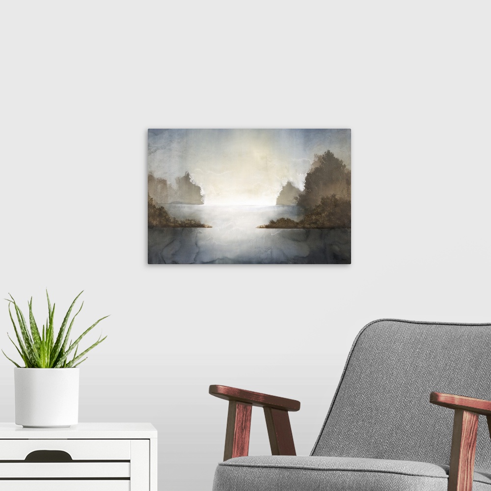 A modern room featuring Contemporary painting of an abstract landscape with sunshine bouncing off of the water creating b...