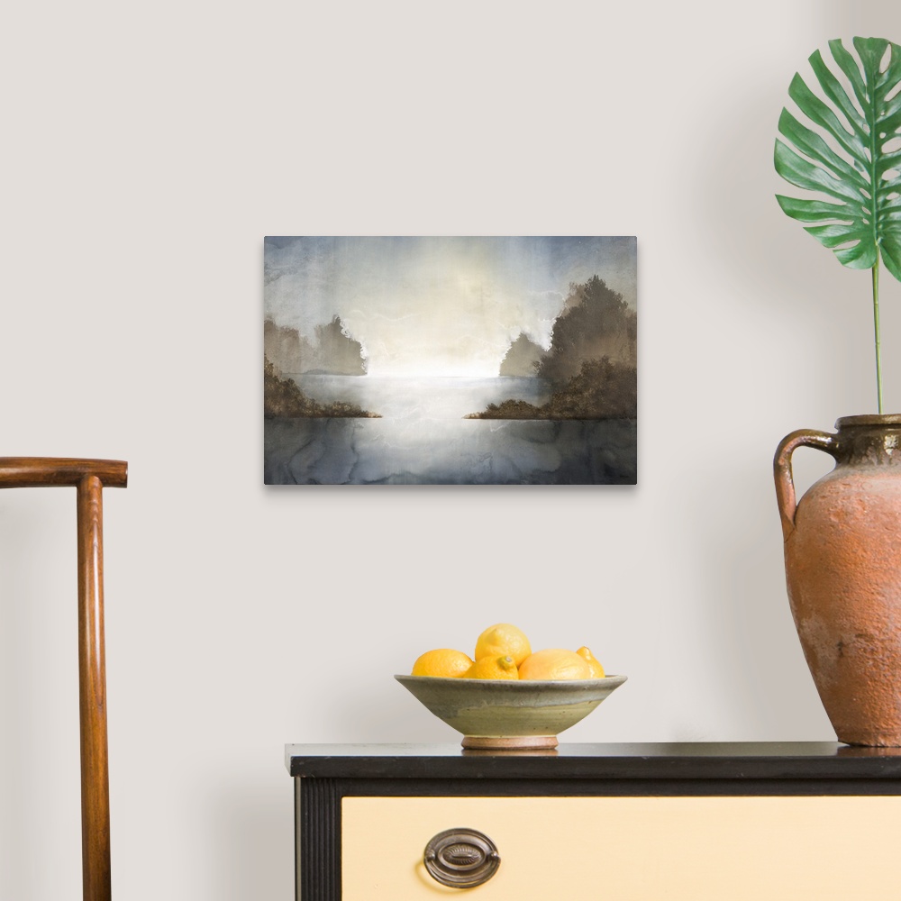 A traditional room featuring Contemporary painting of an abstract landscape with sunshine bouncing off of the water creating b...