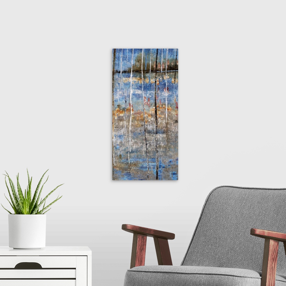 A modern room featuring Tall abstract painting with blue, gray, and orange hues resembling a lake and trees on the shore ...