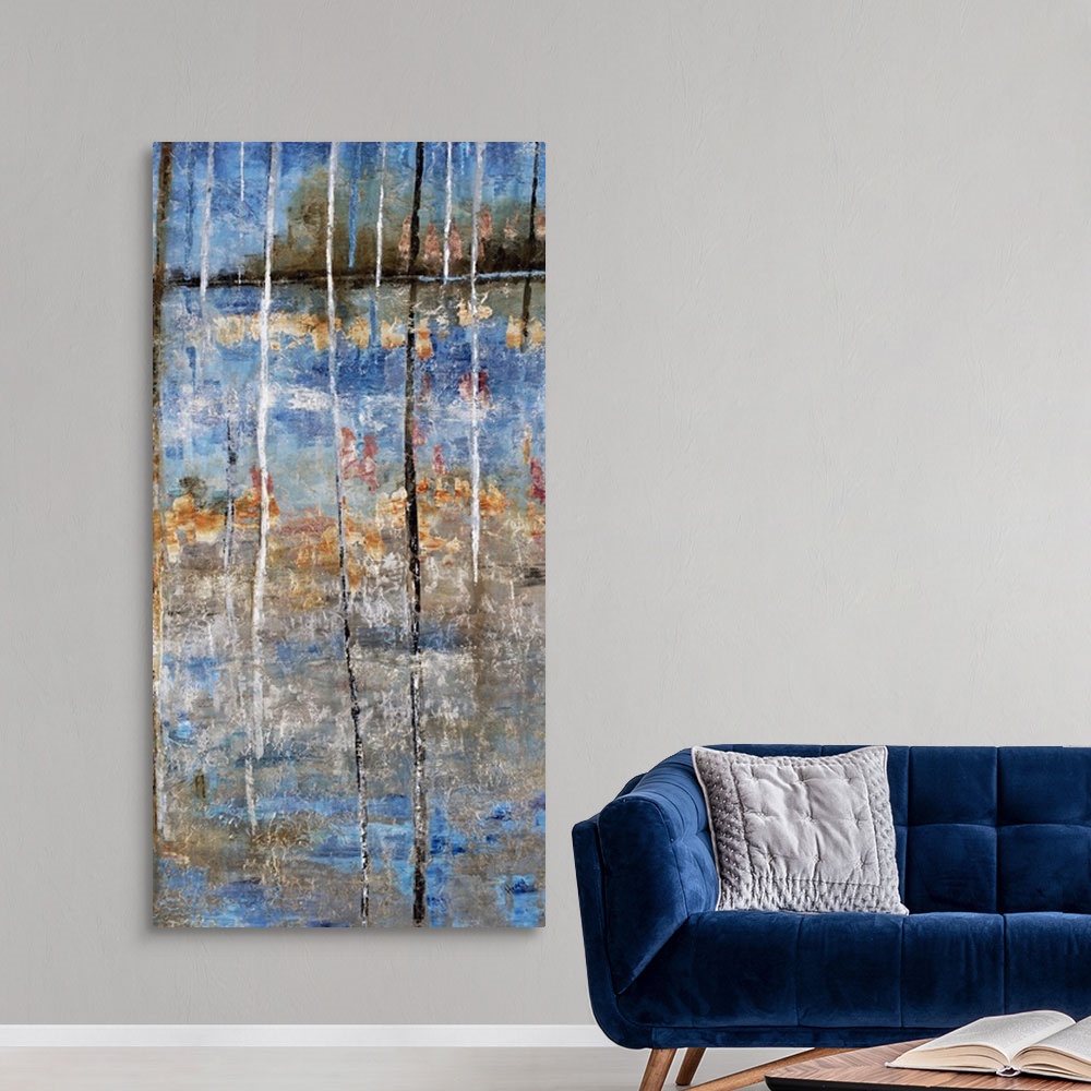 A modern room featuring Tall abstract painting with blue, gray, and orange hues resembling a lake and trees on the shore ...
