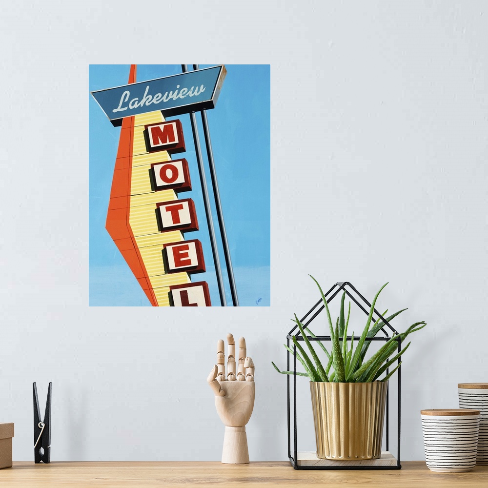 A bohemian room featuring Painting of a vintage motel sign with a diamond shaped decorative element, against a bright blue ...
