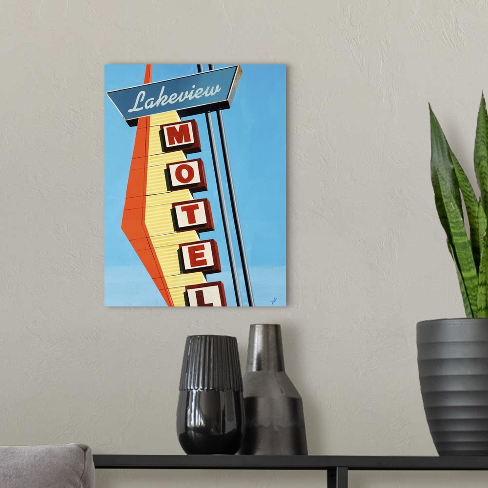 A modern room featuring Painting of a vintage motel sign with a diamond shaped decorative element, against a bright blue ...