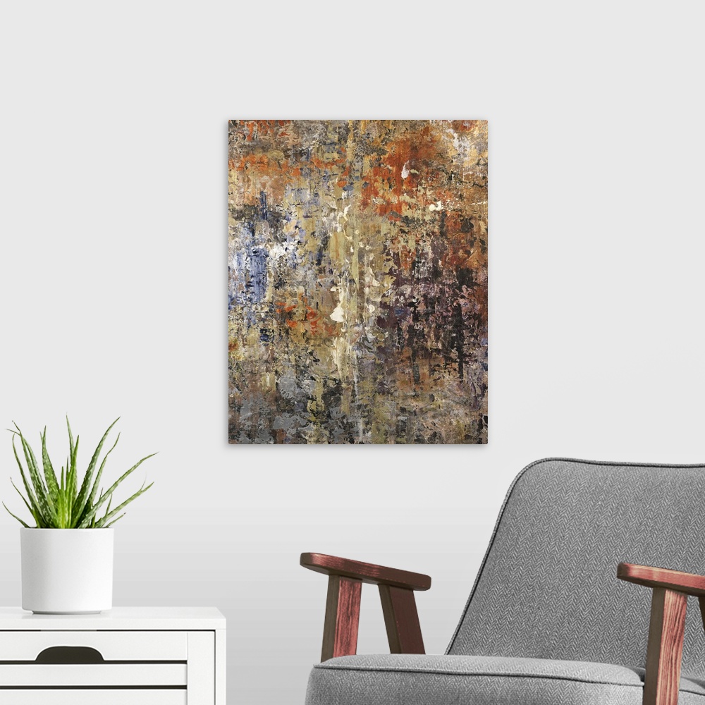 A modern room featuring Abstract contemporary artwork in rusty orange and browns.