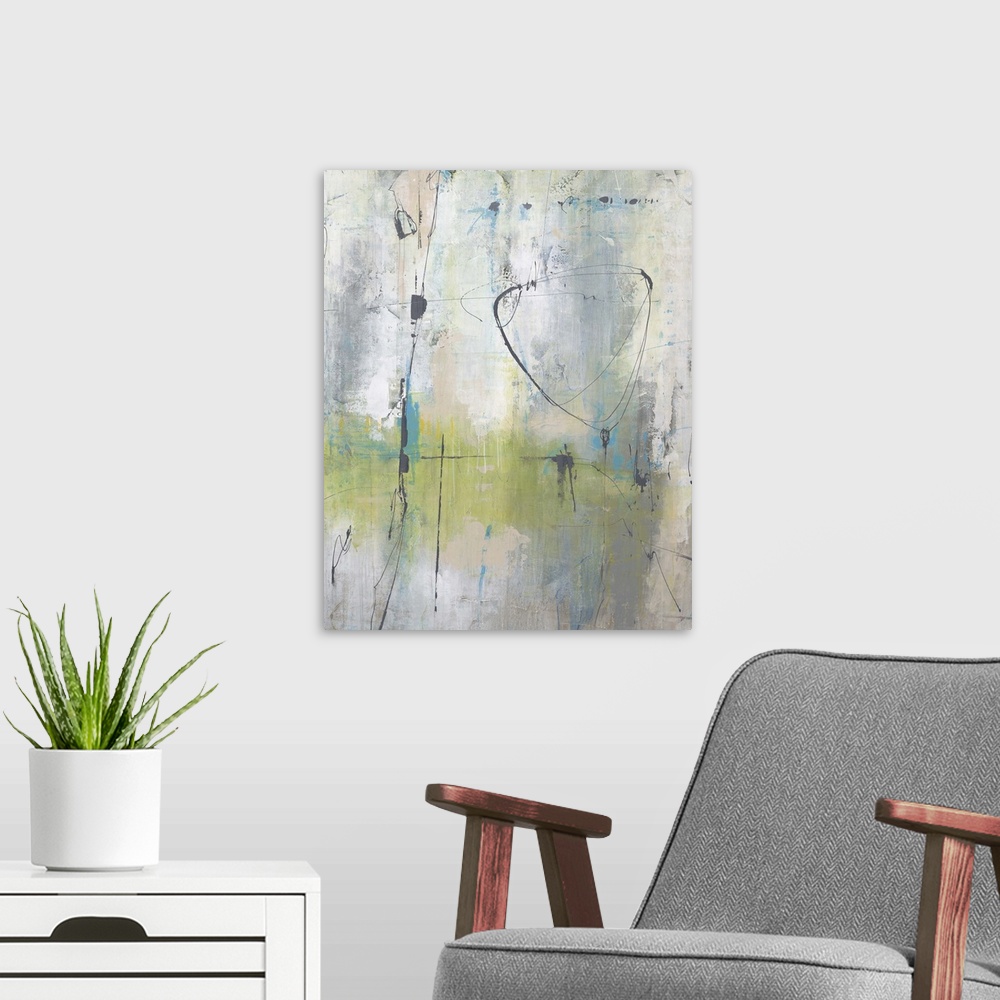 A modern room featuring Abstract art of many thin, dark lines in various forms and directions, on top of a background lay...