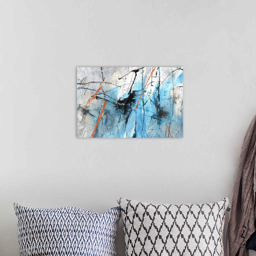 A bohemian room featuring Large abstract painting with busy lines of color in bright blue and orange with black and white m...