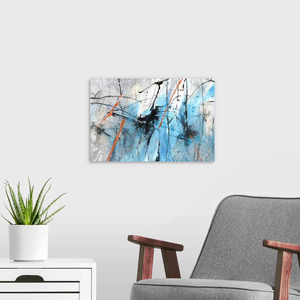 A modern room featuring Large abstract painting with busy lines of color in bright blue and orange with black and white m...