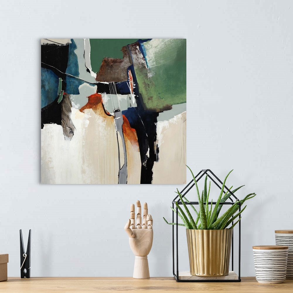 A bohemian room featuring Abstract painting of various shapes and colors that merge and overlap resembling a collage, one o...