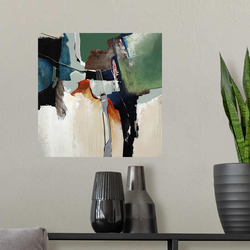 A modern room featuring Abstract painting of various shapes and colors that merge and overlap resembling a collage, one o...