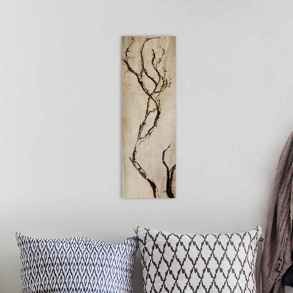 A bohemian room featuring Contemporary vertical art piece of a bare tree branch sticking up on a neutral background.