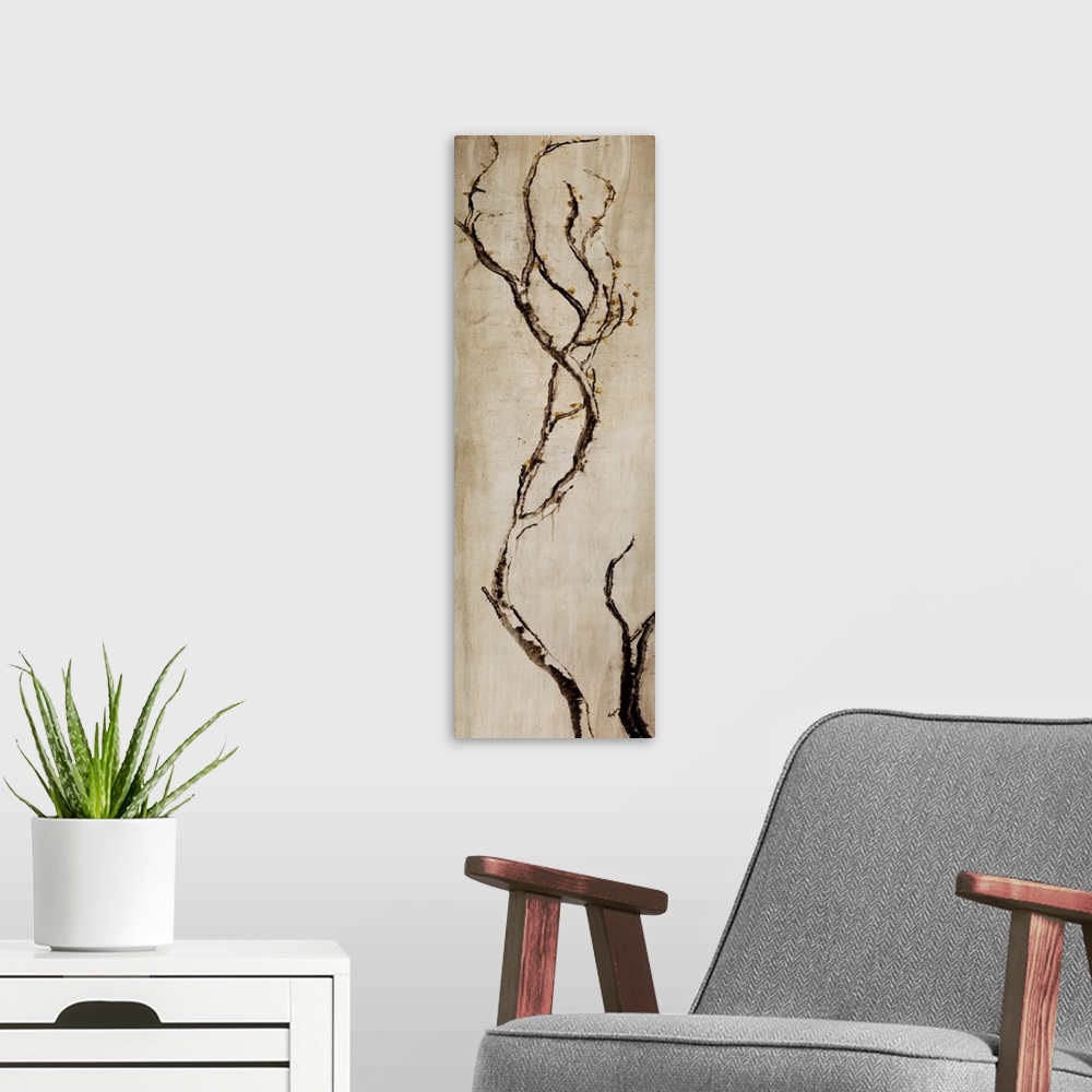 A modern room featuring Contemporary vertical art piece of a bare tree branch sticking up on a neutral background.