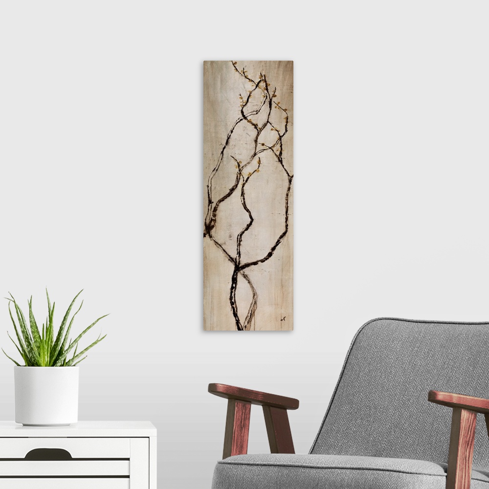 A modern room featuring Vertical Panoramic painting of long, thin, and curved tree branches flowing upward.  There are ti...