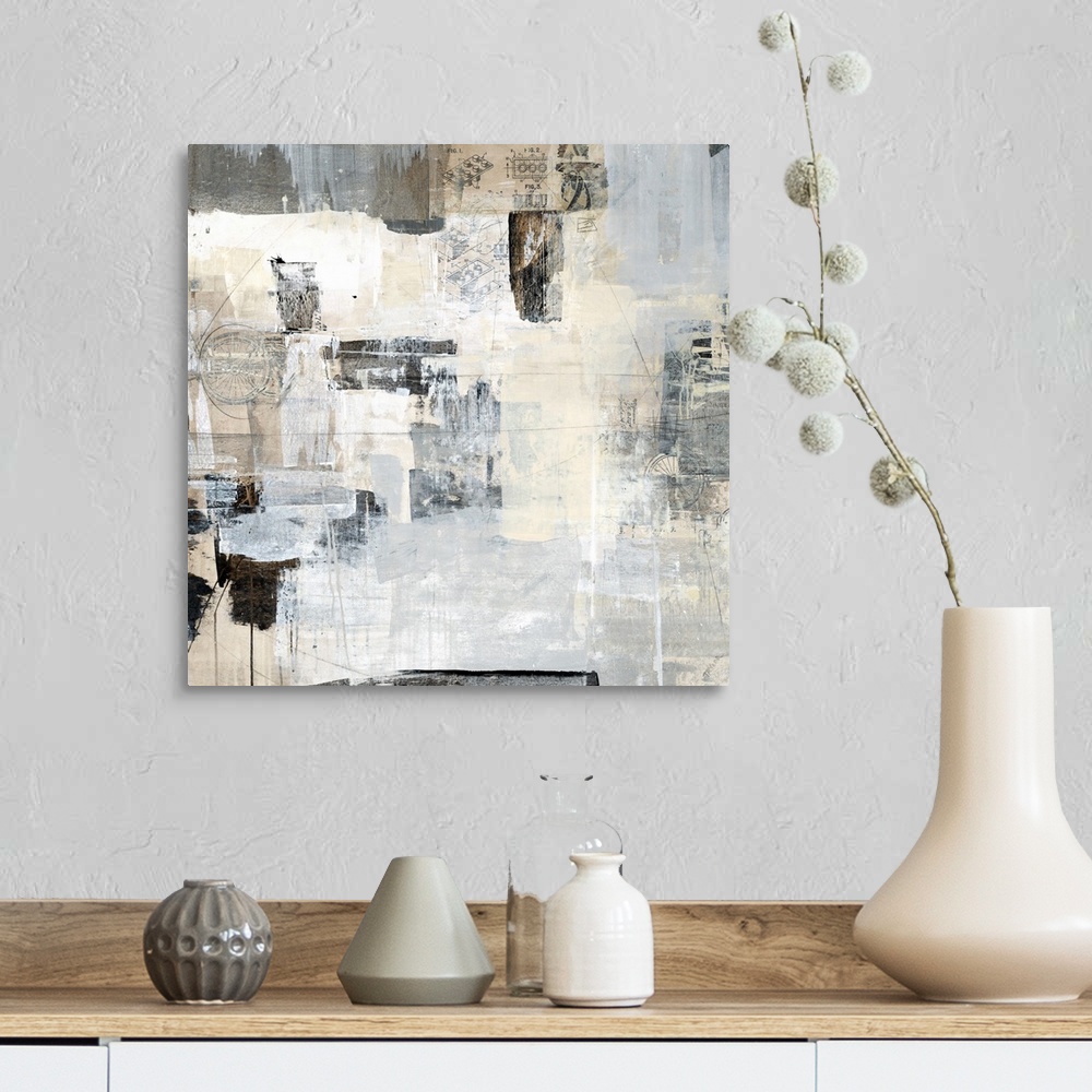 A farmhouse room featuring Mechanical square abstract painting with gray, black, and white thick brushstrokes on top of a pa...