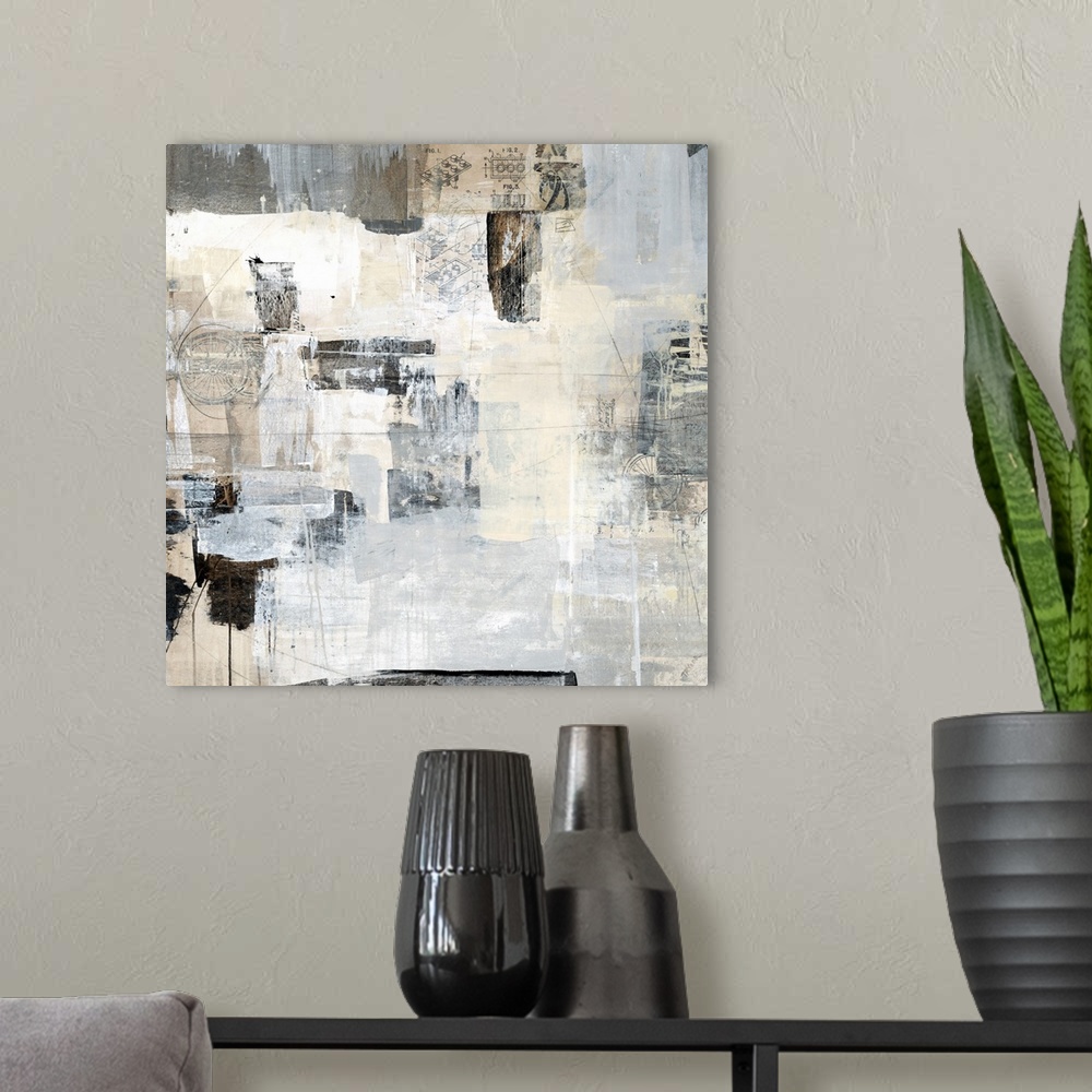 A modern room featuring Mechanical square abstract painting with gray, black, and white thick brushstrokes on top of a pa...