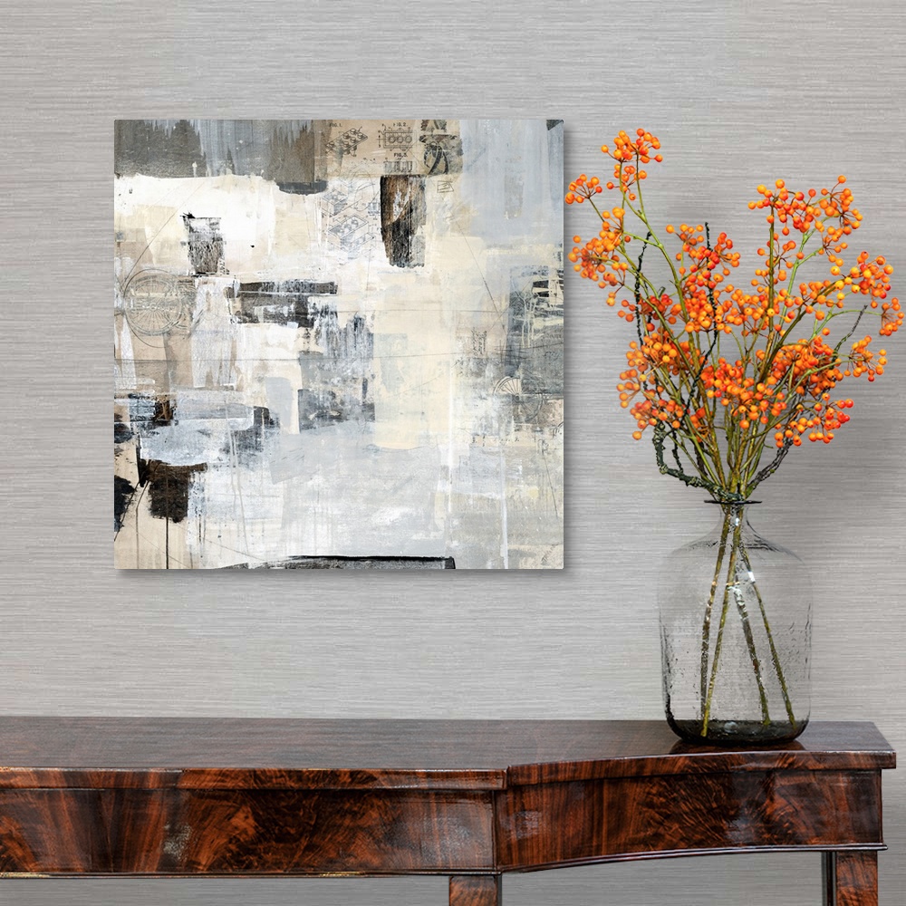 A traditional room featuring Mechanical square abstract painting with gray, black, and white thick brushstrokes on top of a pa...
