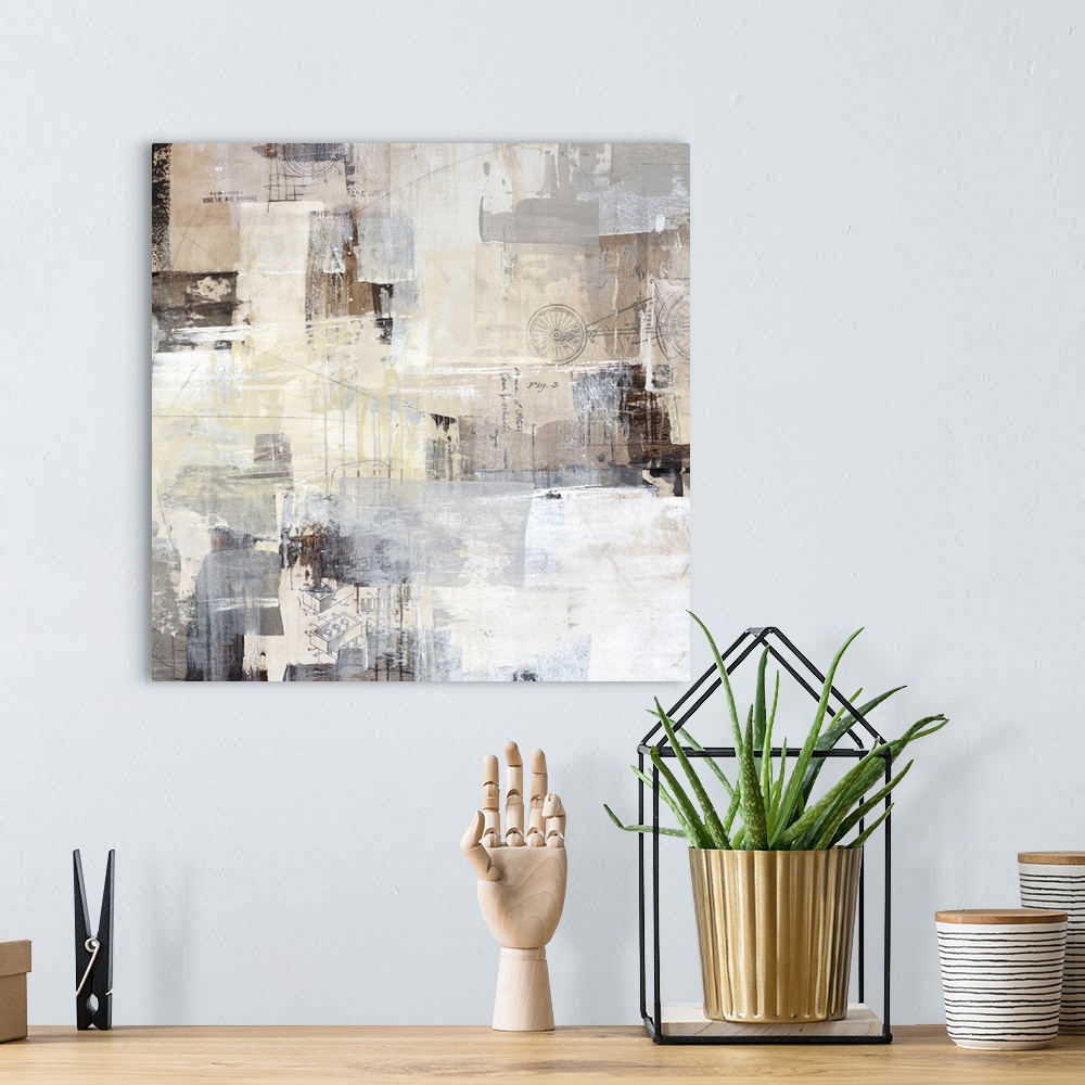 A bohemian room featuring Mechanical square abstract painting with gray, black, and white thick brushstrokes on top of a pa...