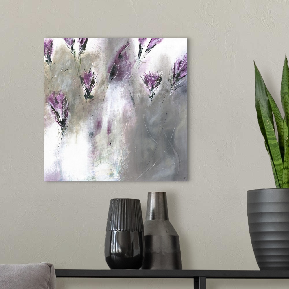 A modern room featuring Square painting of abstract lavender colored lilies on a gray and white background.
