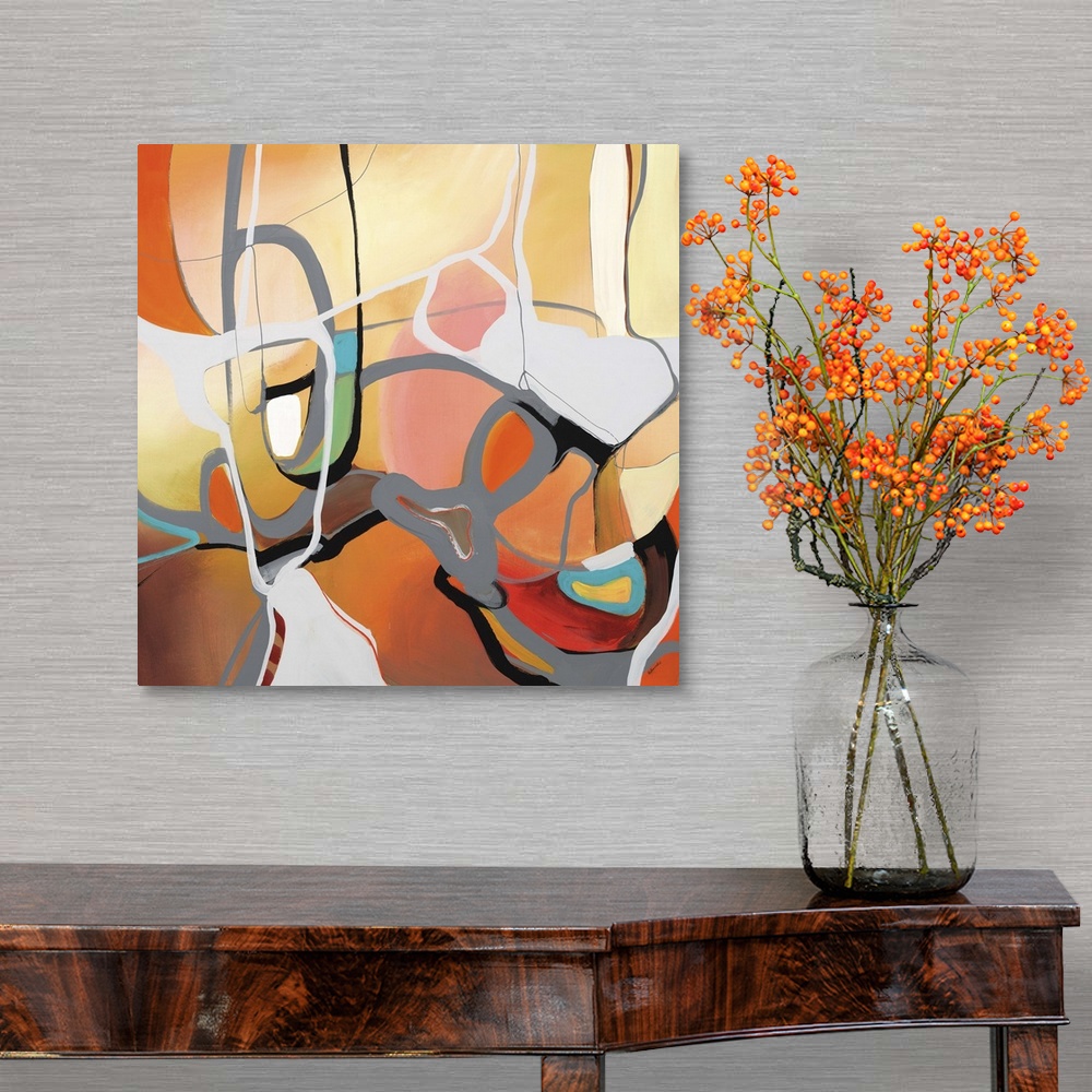 A traditional room featuring Contemporary abstract painting using warm tones.