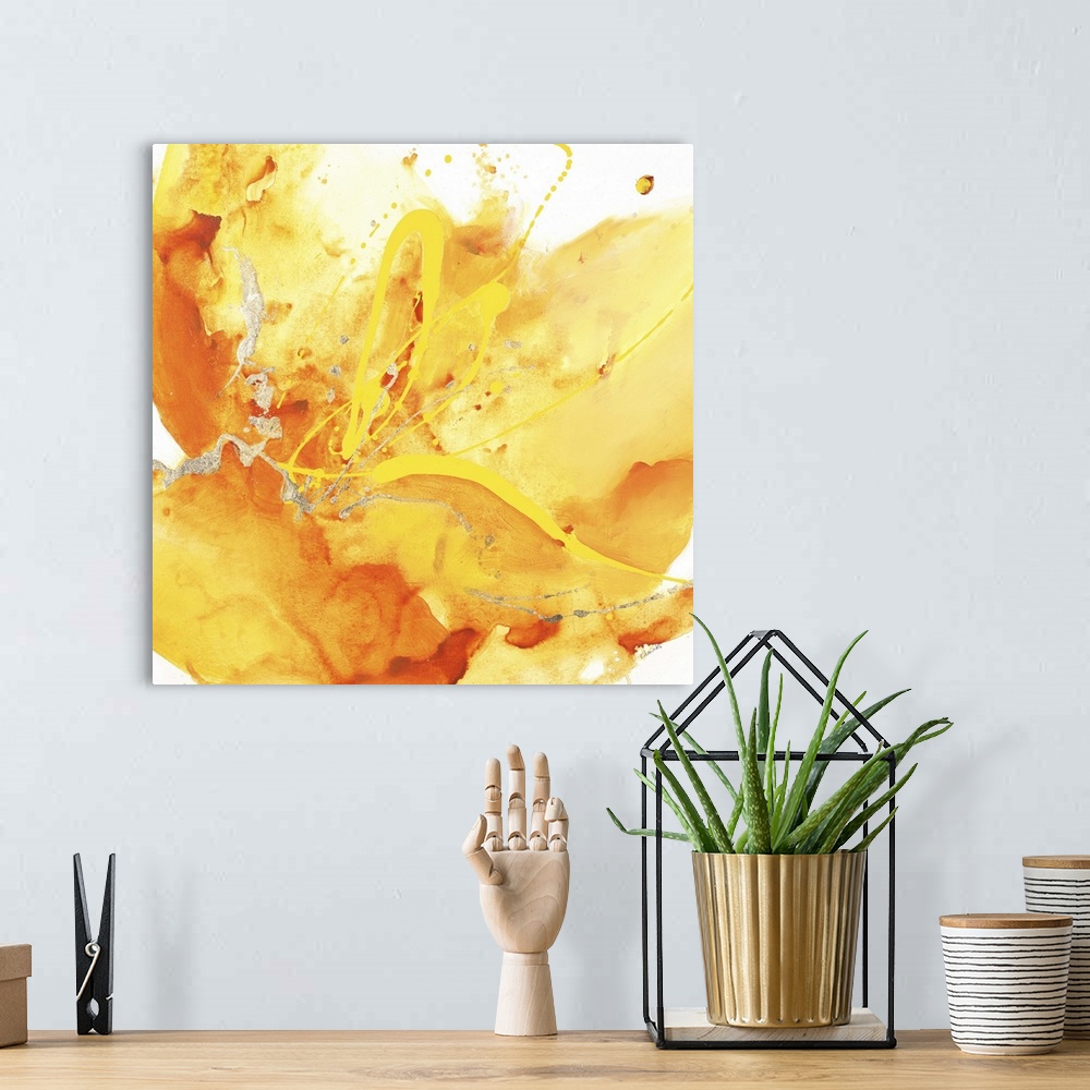 A bohemian room featuring Contemporary abstract painting using a splash of vibrant yellow against a white background.