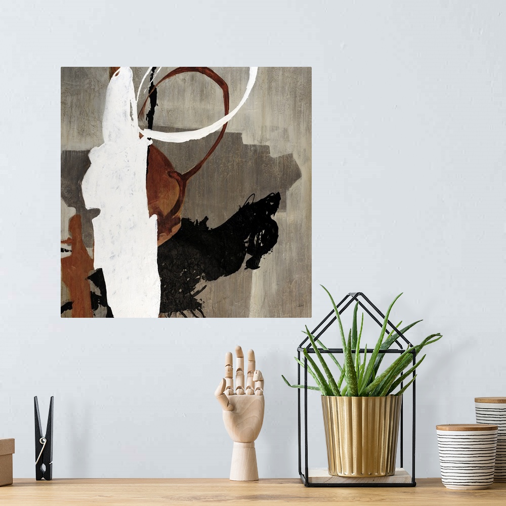 A bohemian room featuring Big abstract painting against a neutral grungy background with paint brushed on top in varying sh...