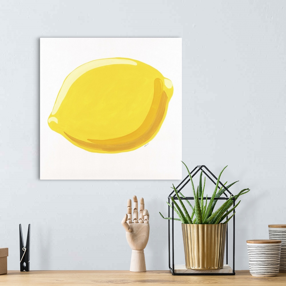 A bohemian room featuring Simple cheerful painting of a single lemon.