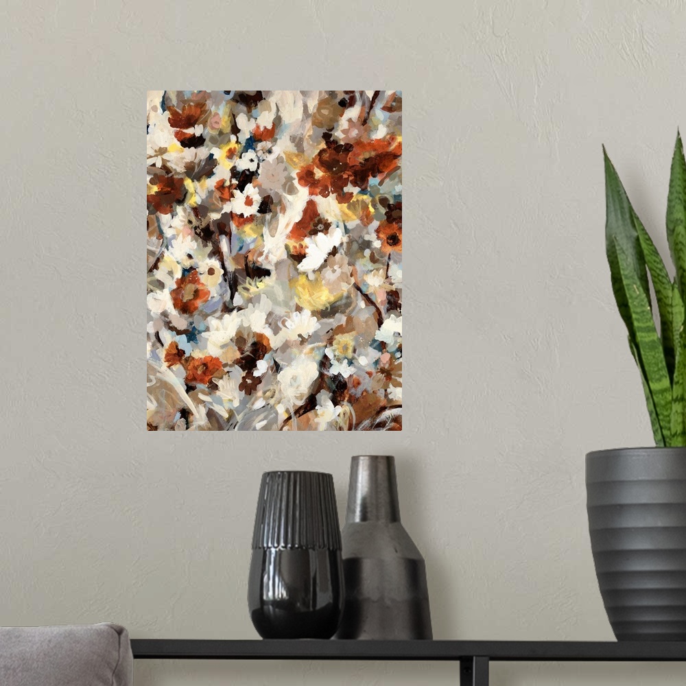 A modern room featuring Vertical, contemporary painting on large canvas of many small flowers in warm and neutral tones, ...